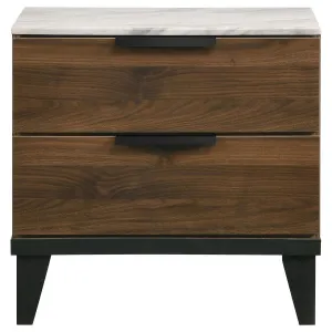 2-drawer Nightstand Walnut Brown with Faux Marble Top