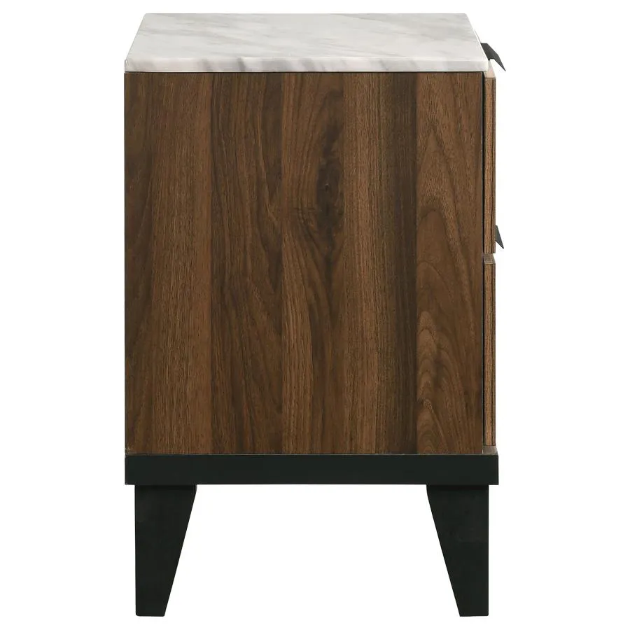 2-drawer Nightstand Walnut Brown with Faux Marble Top