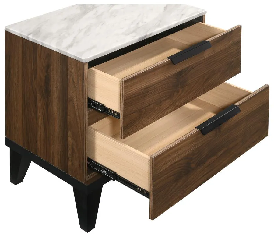 2-drawer Nightstand Walnut Brown with Faux Marble Top