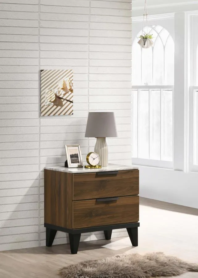 2-drawer Nightstand Walnut Brown with Faux Marble Top