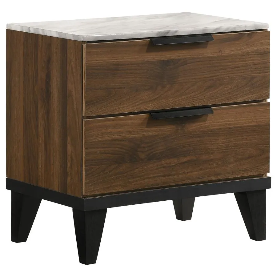 2-drawer Nightstand Walnut Brown with Faux Marble Top