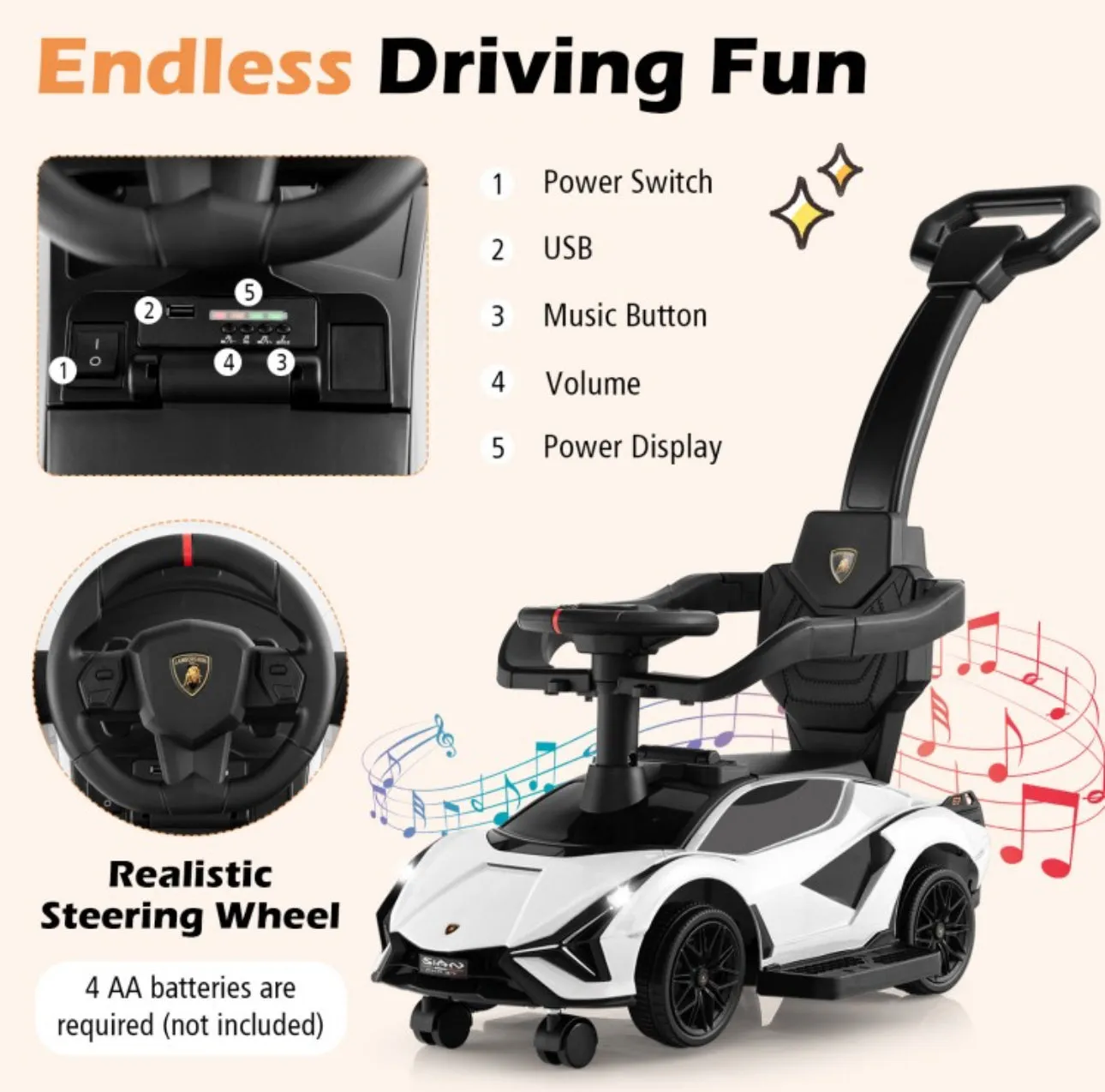 2025 Licensed 3 in 1 Super Cool Lamborghini Push Car / Walking Toy Stroller | Storage | USB | Lights | Sleek Designz