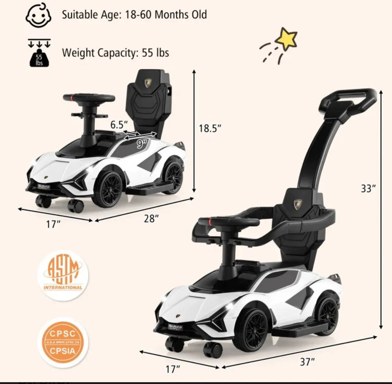 2025 Licensed 3 in 1 Super Cool Lamborghini Push Car / Walking Toy Stroller | Storage | USB | Lights | Sleek Designz
