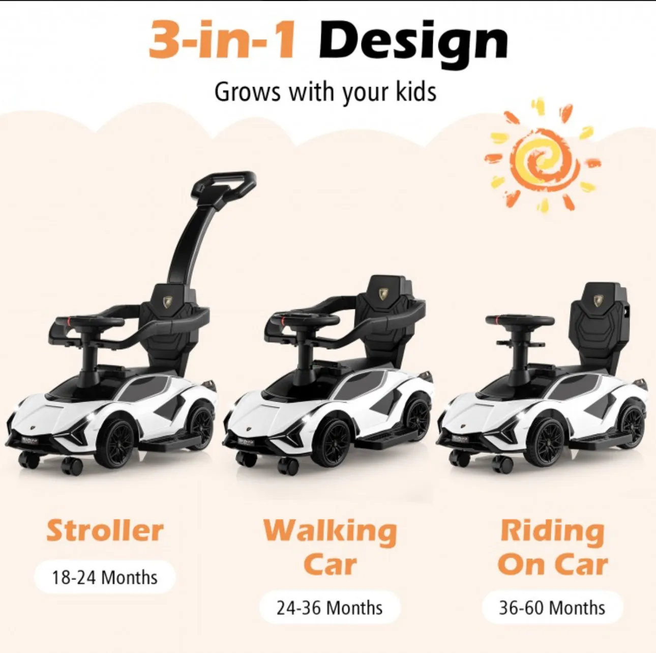 2025 Licensed 3 in 1 Super Cool Lamborghini Push Car / Walking Toy Stroller | Storage | USB | Lights | Sleek Designz