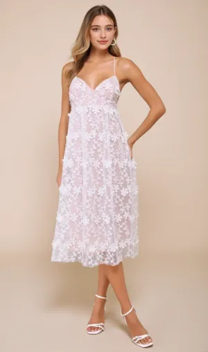 3D Floral Applique Midi Dress in White