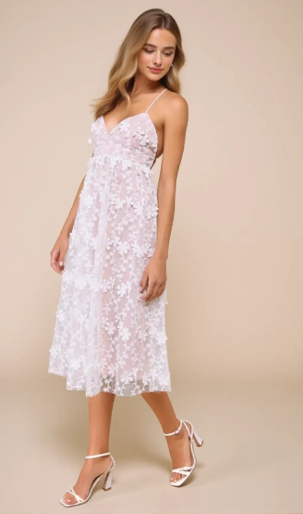 3D Floral Applique Midi Dress in White