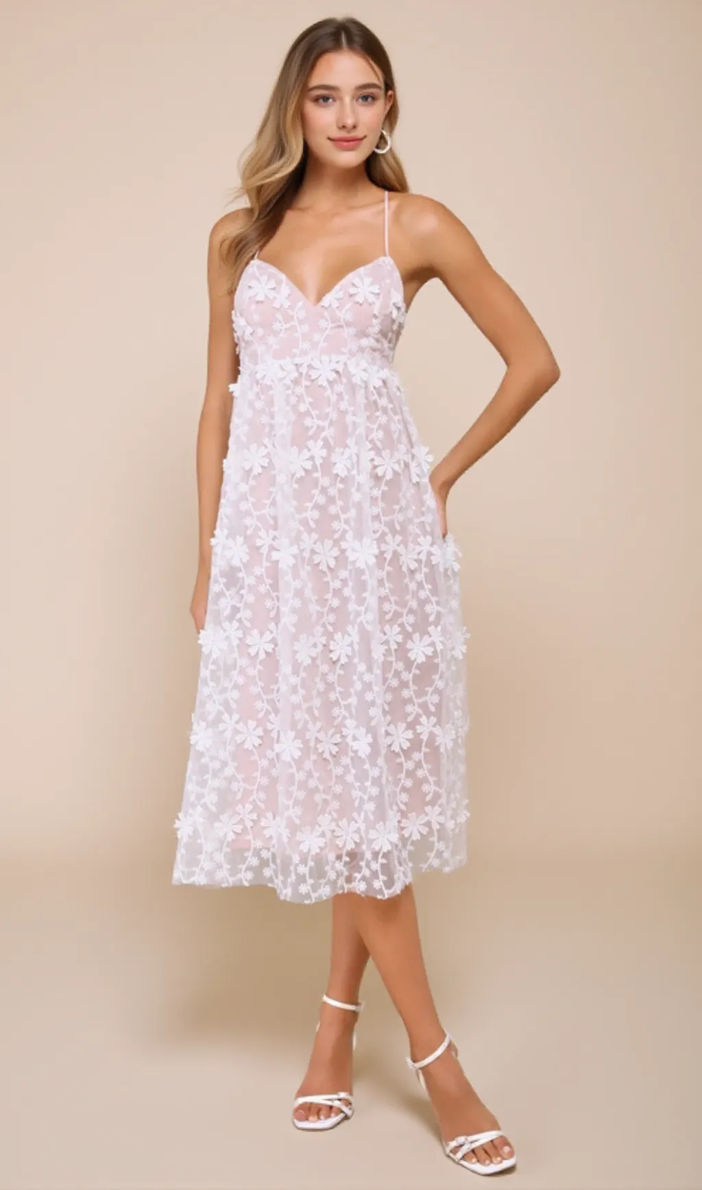 3D Floral Applique Midi Dress in White