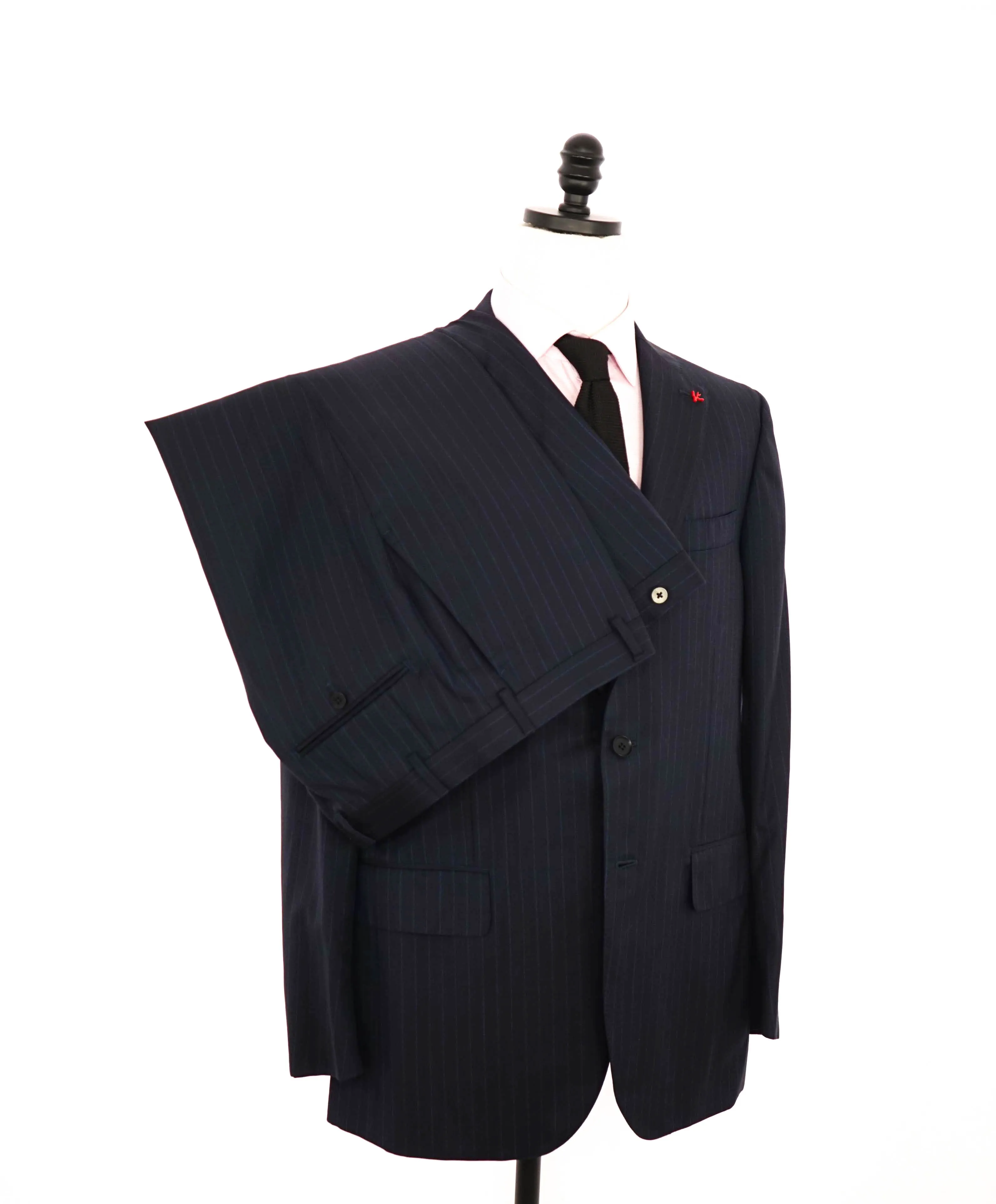 $4,495 ISAIA - Chalk Stripe *AQUASPIDER Base Sanita* Coral Pin Suit - 42L
