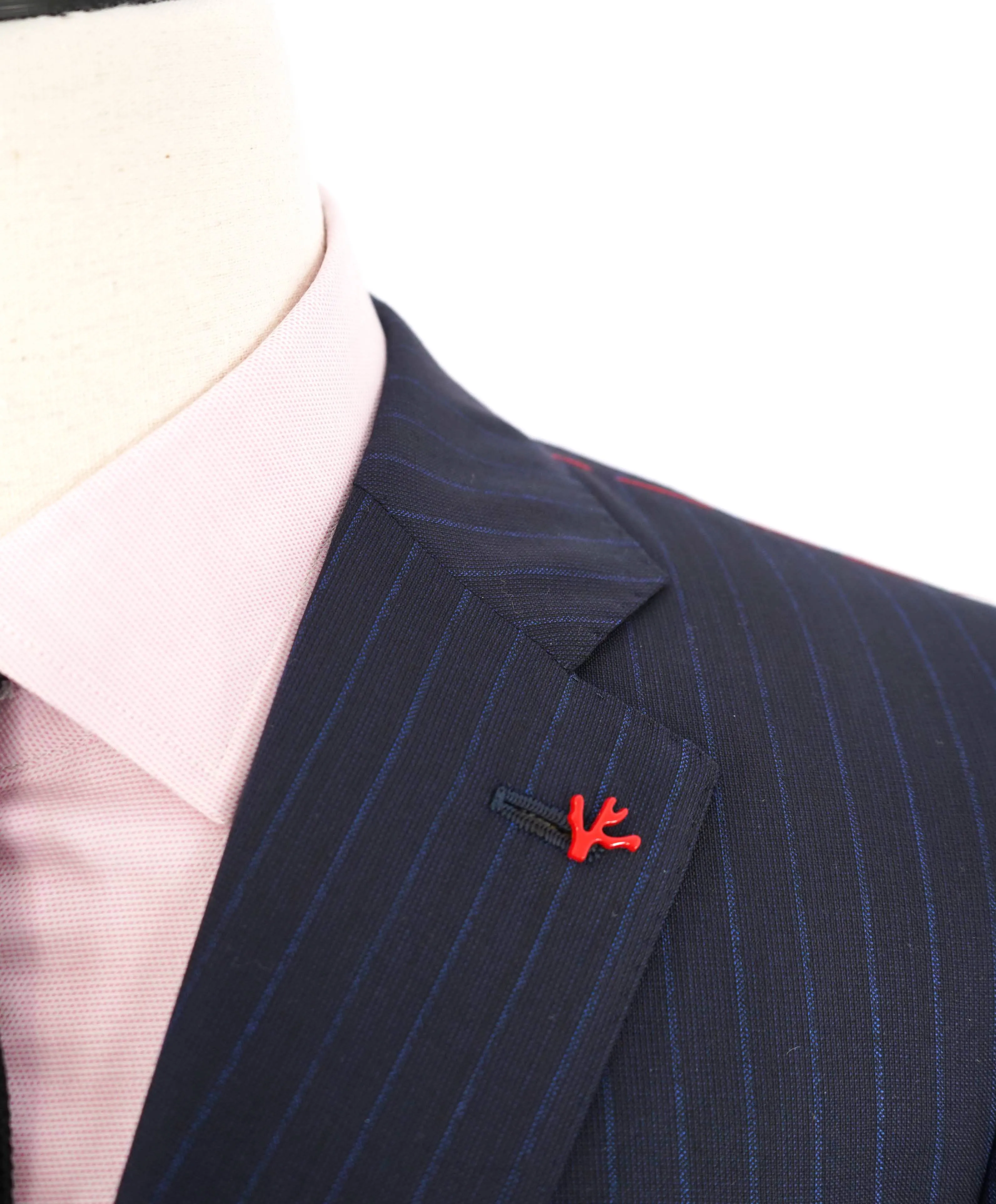 $4,495 ISAIA - Chalk Stripe *AQUASPIDER Base Sanita* Coral Pin Suit - 42L