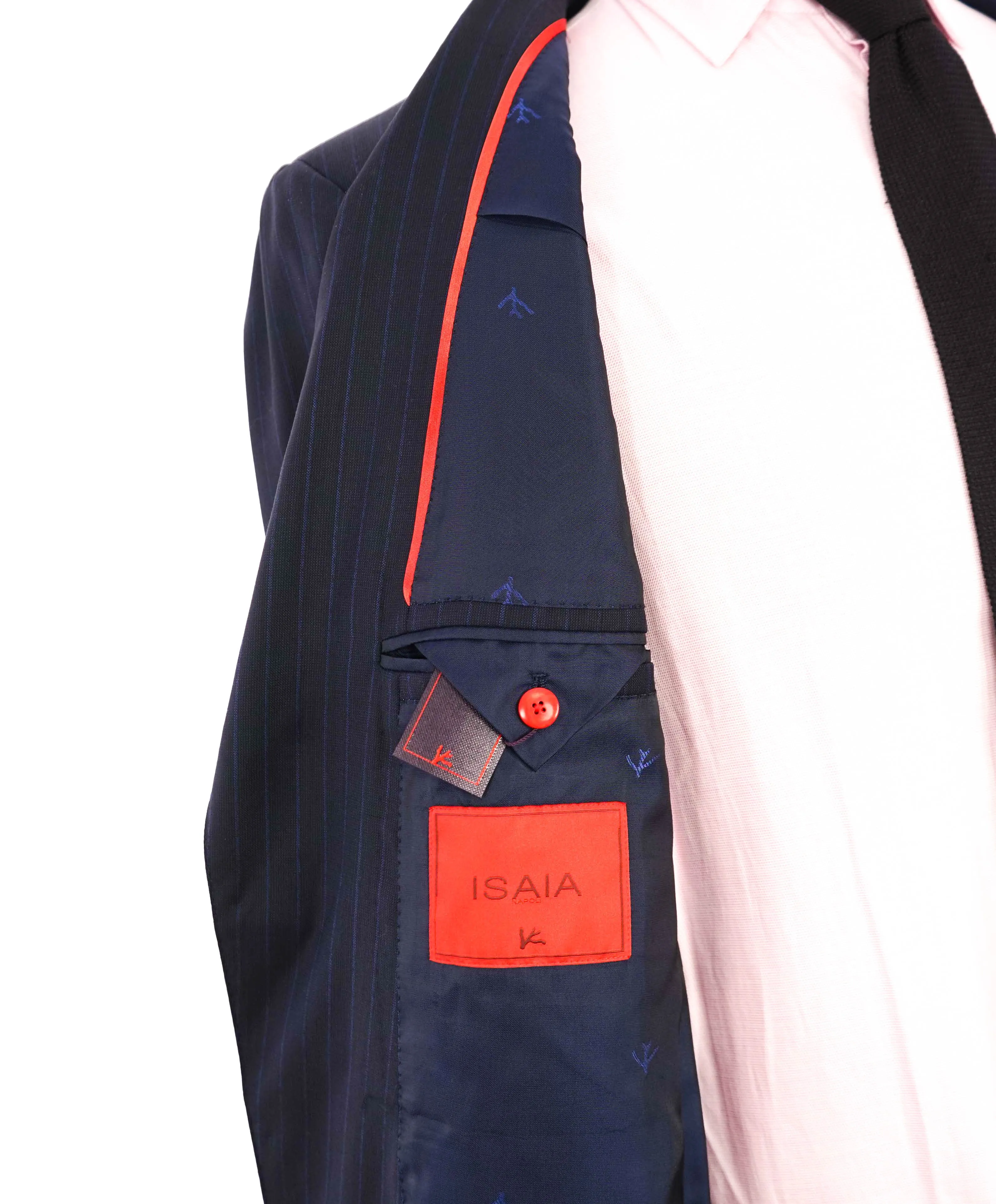 $4,495 ISAIA - Chalk Stripe *AQUASPIDER Base Sanita* Coral Pin Suit - 42L