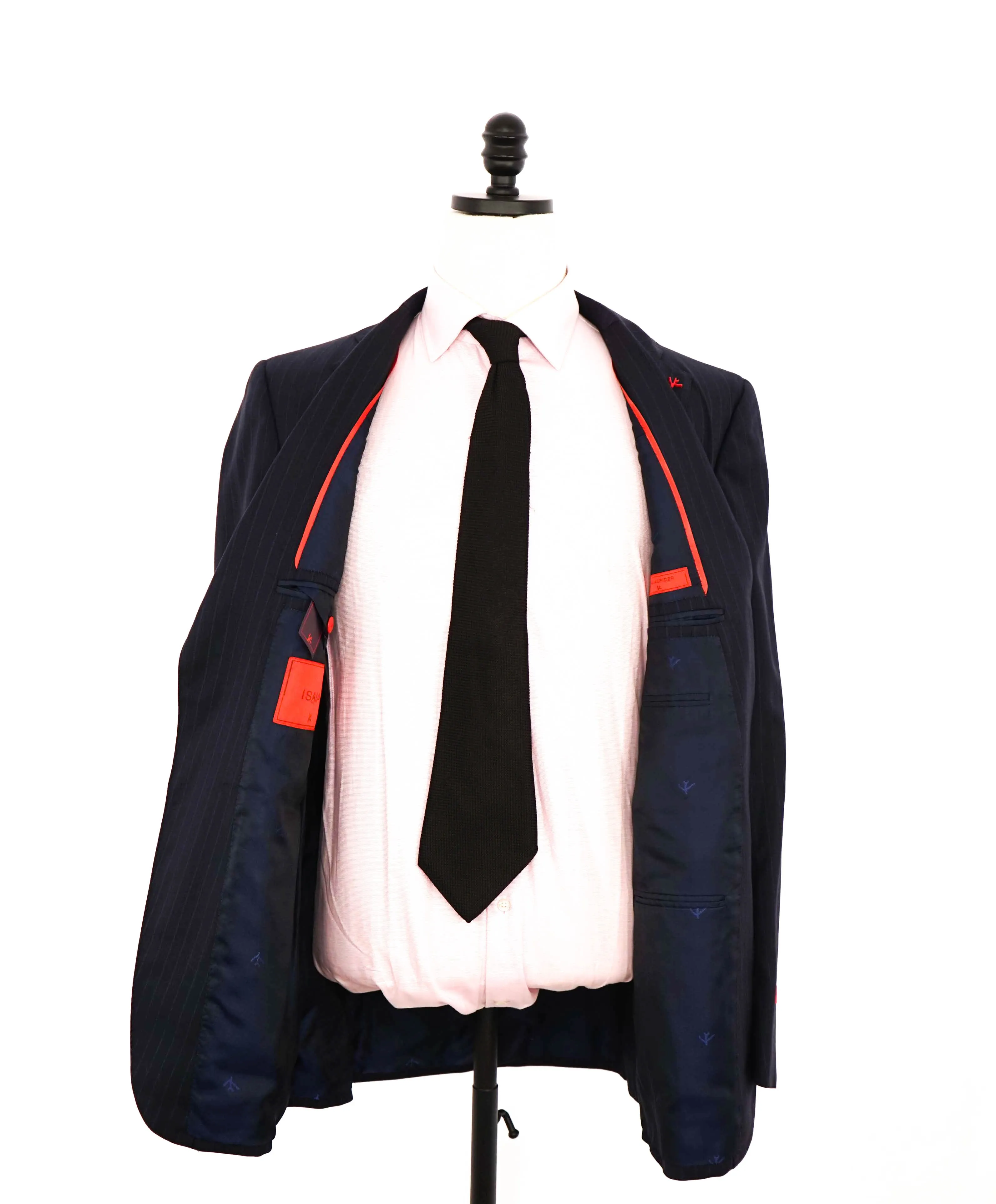 $4,495 ISAIA - Chalk Stripe *AQUASPIDER Base Sanita* Coral Pin Suit - 42L