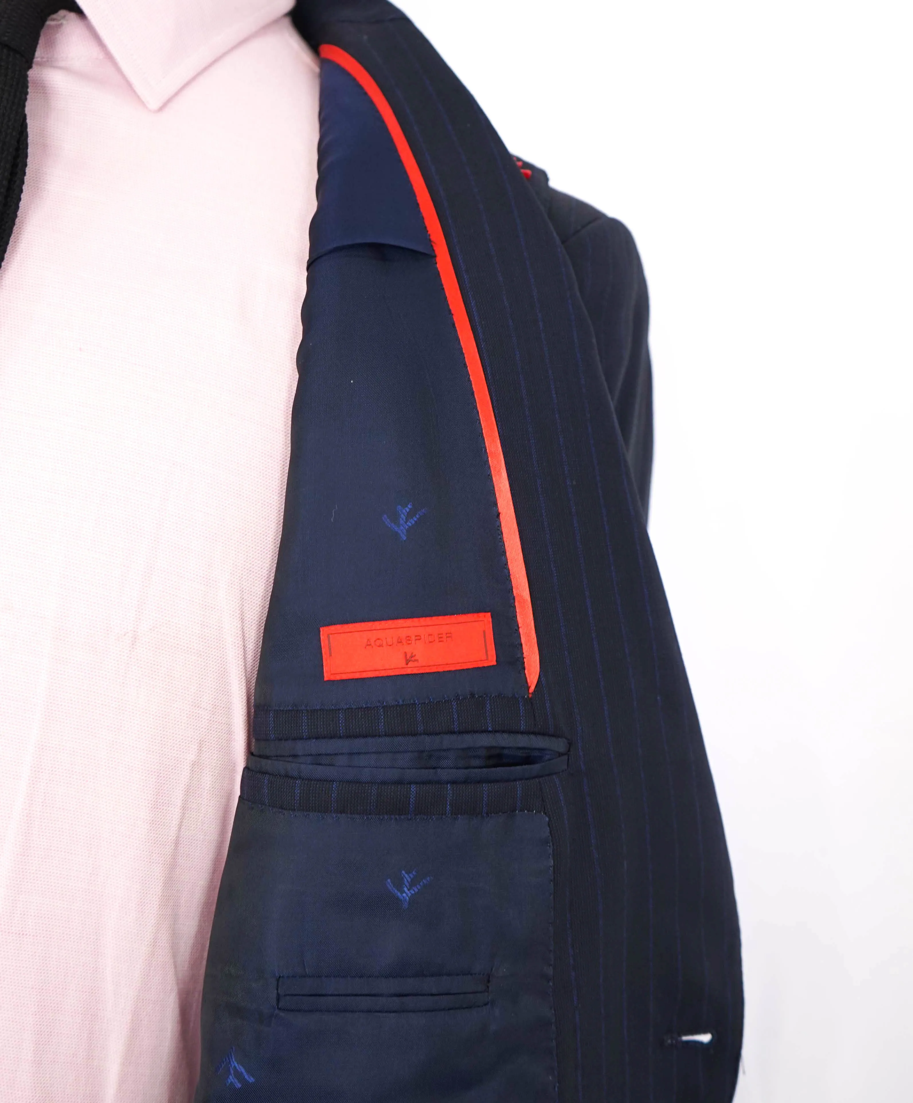 $4,495 ISAIA - Chalk Stripe *AQUASPIDER Base Sanita* Coral Pin Suit - 42L