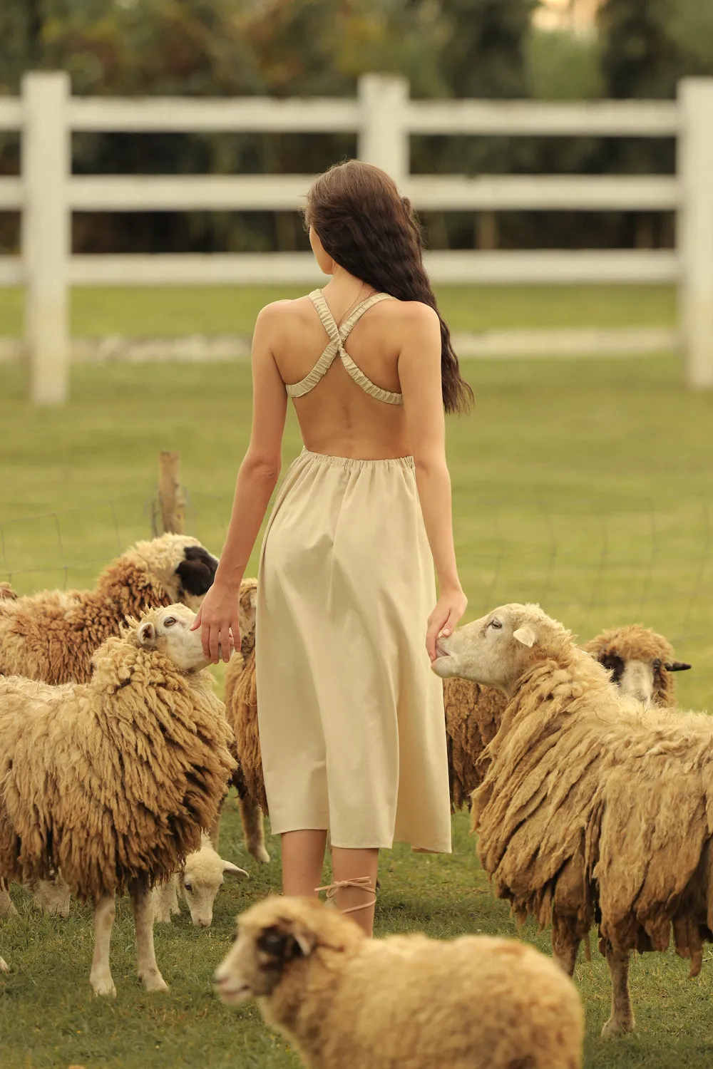 ABRIELLE Crossed Back Garterize Midi Dress (Nude Linen)