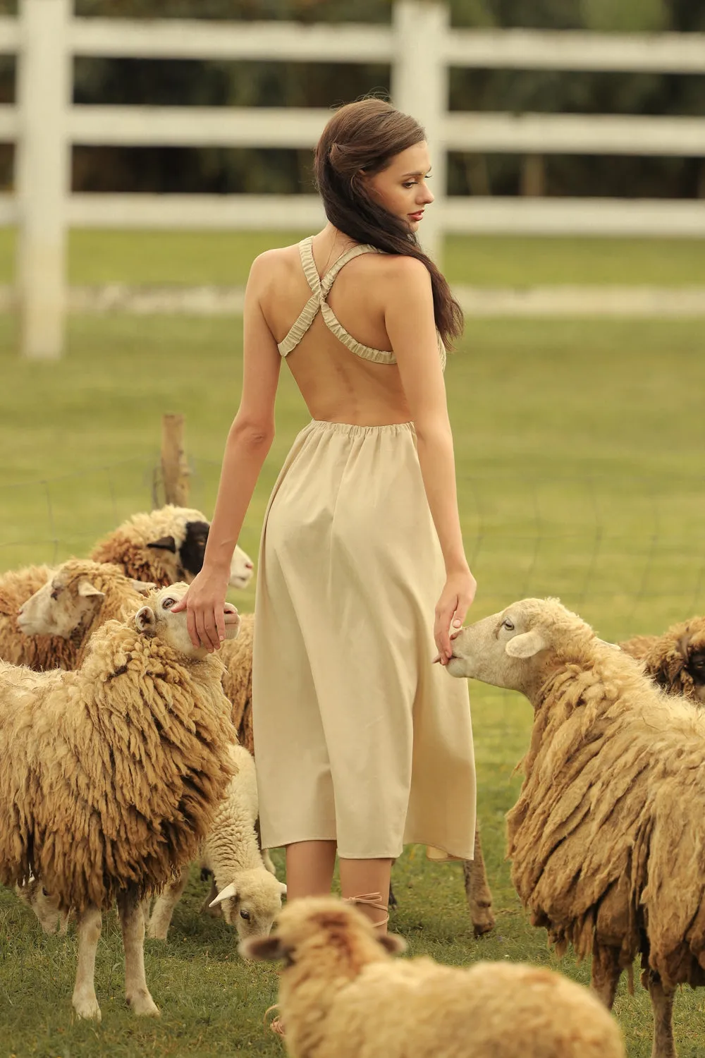 ABRIELLE Crossed Back Garterize Midi Dress (Nude Linen)