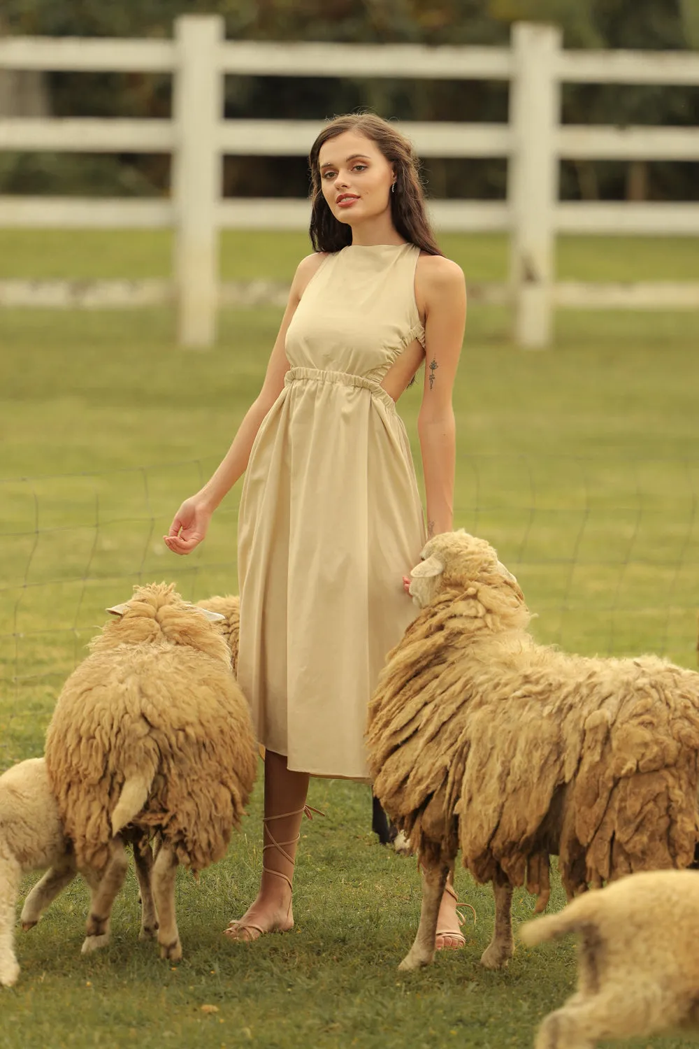 ABRIELLE Crossed Back Garterize Midi Dress (Nude Linen)