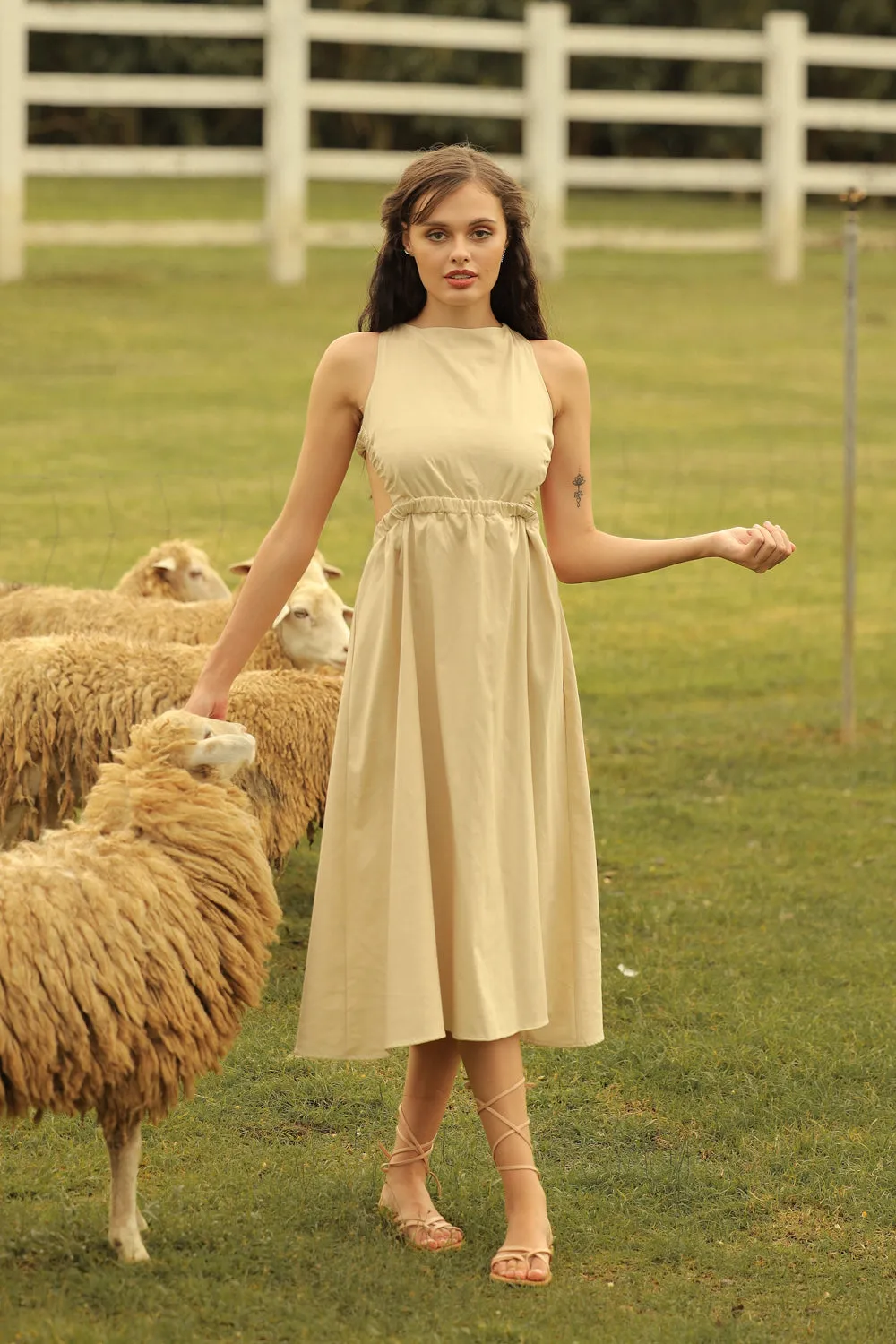 ABRIELLE Crossed Back Garterize Midi Dress (Nude Linen)