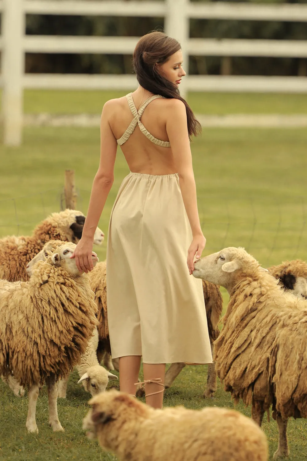 ABRIELLE Crossed Back Garterize Midi Dress (Nude Linen)
