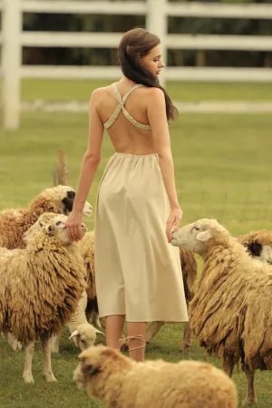 ABRIELLE Crossed Back Garterize Midi Dress (Nude Linen)