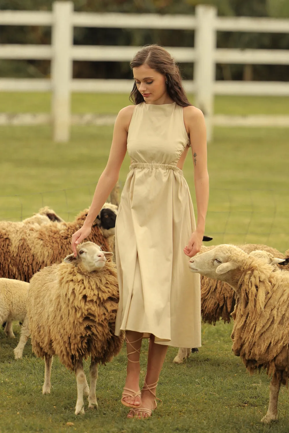 ABRIELLE Crossed Back Garterize Midi Dress (Nude Linen)