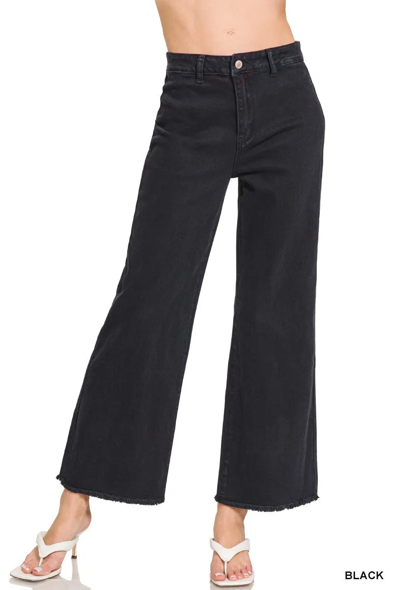 ACID WASHED FRAYED CUTOFF HEM STRAIGHT WIDE PANTS