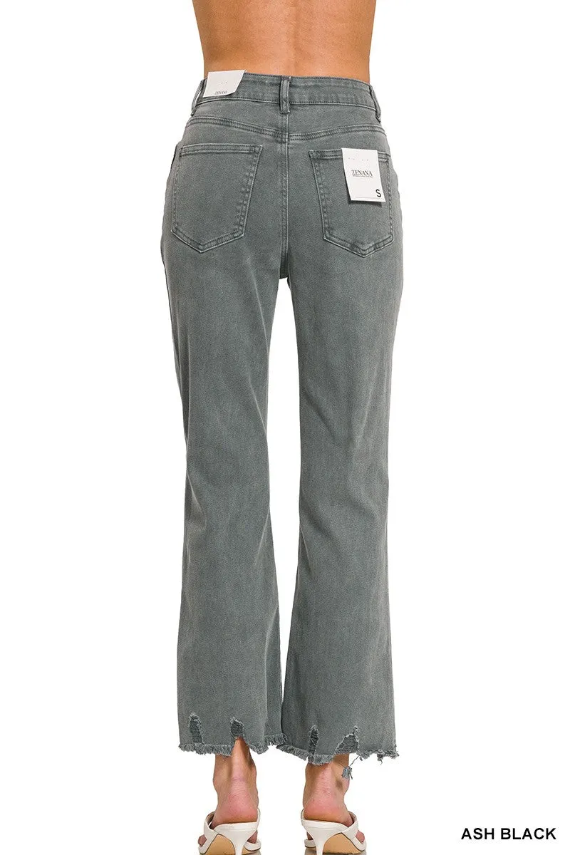 ACID WASHED HIGH WAIST DISTRESSED STRAIGHT LEGGED PANTS