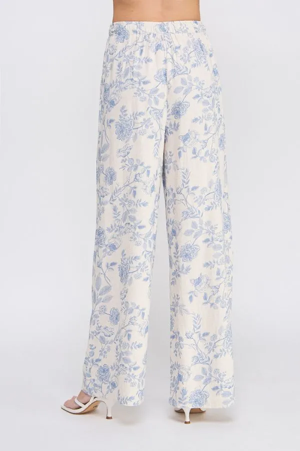 Allie Floral Linen Blend Pants - Blue Blossom