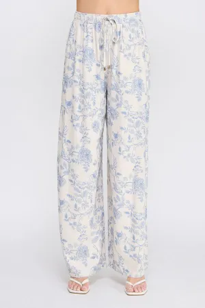Allie Floral Linen Blend Pants - Blue Blossom