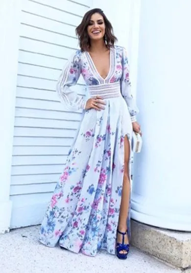ANGELA floral v neck split midi dress