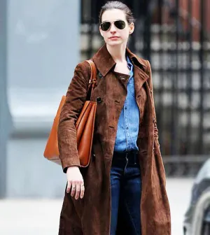 Anne Hathaway Brown Suede Trench Long Coat in Newyork