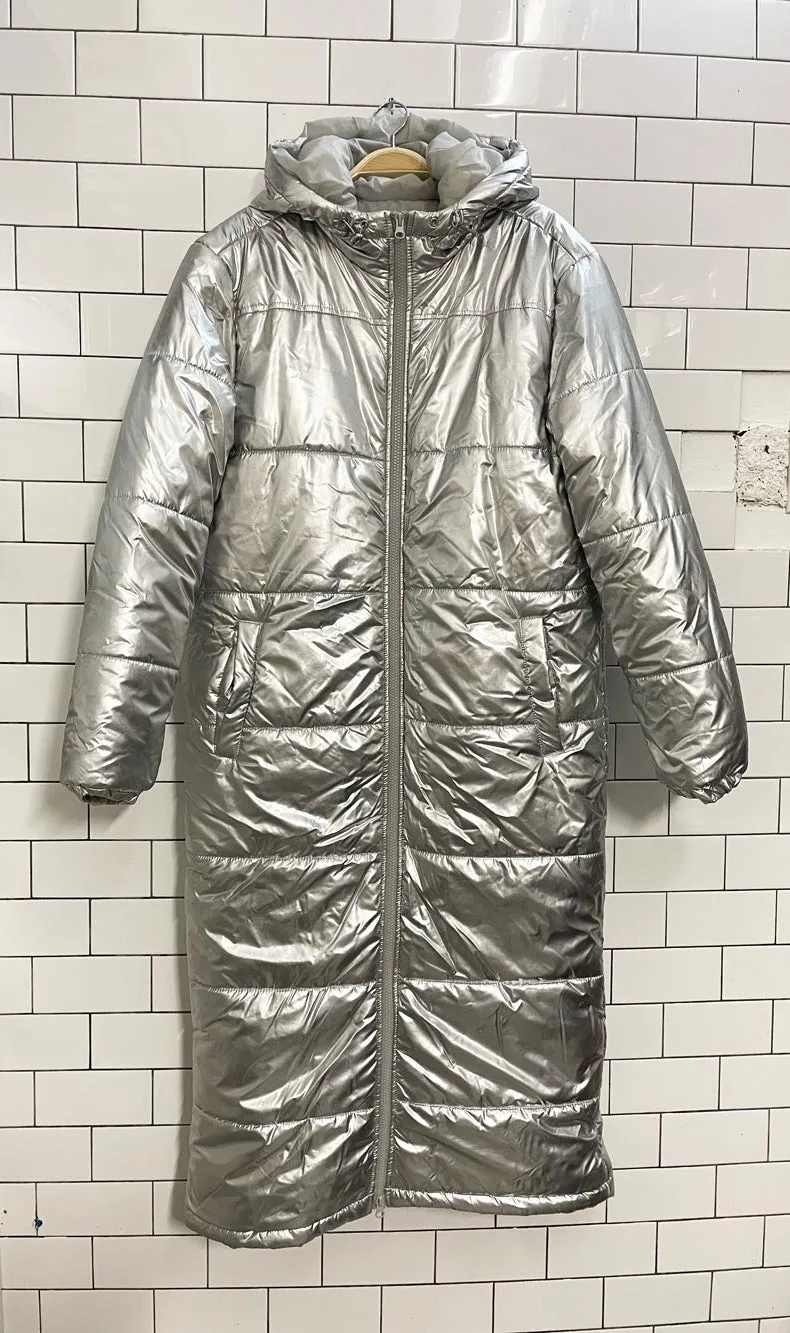 another influence silver metallic longline puffer coat