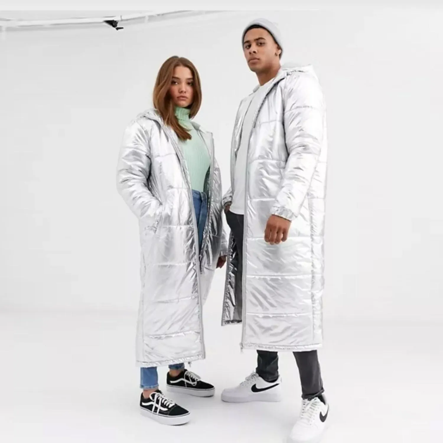 another influence silver metallic longline puffer coat