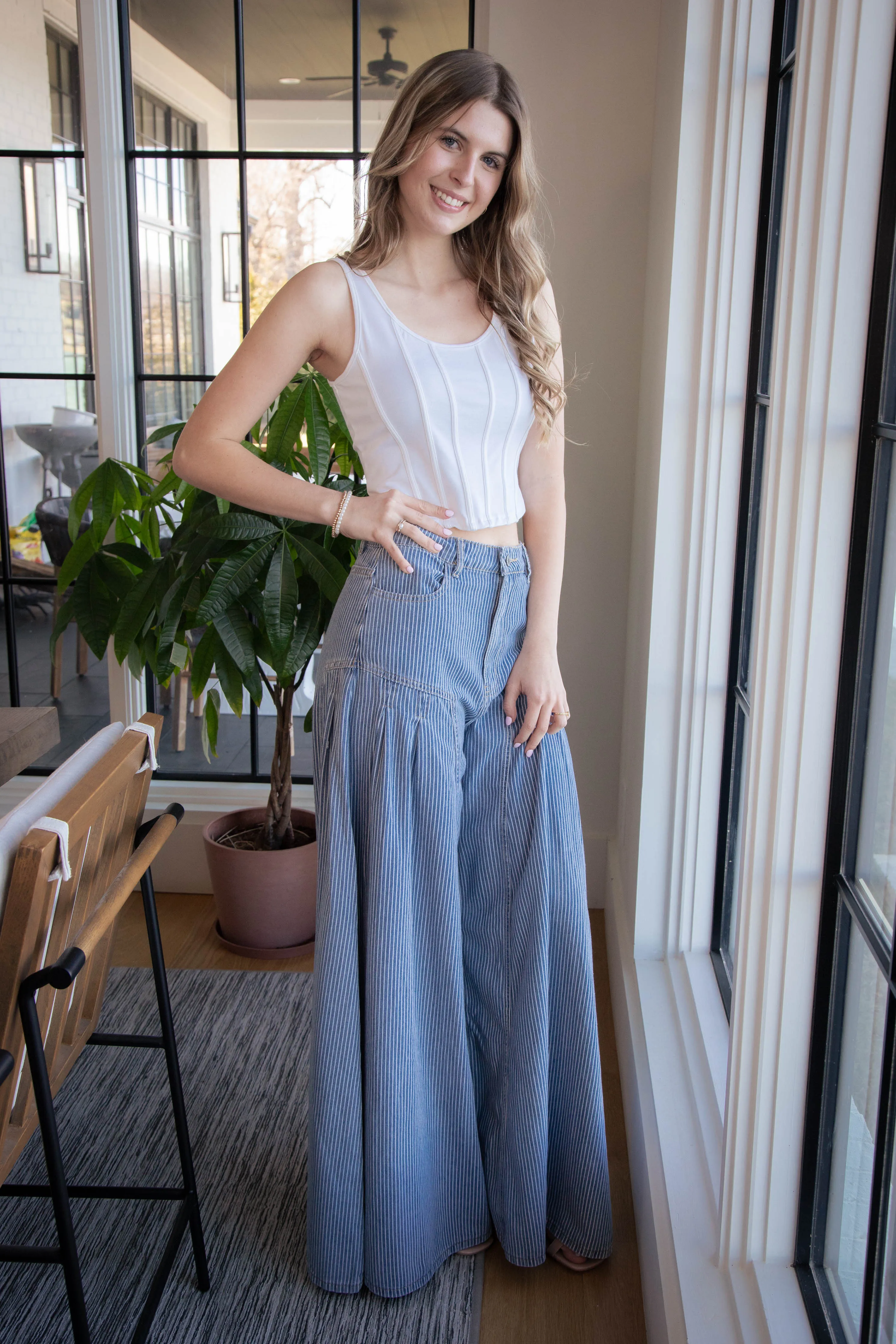 Azari Extra Wide Leg Striped Pants, Light Denim