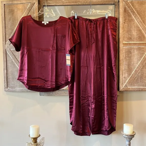 BB Dakota Pajamas Satin Silky Lounge Set Womens Elastic Wide Leg Pants Large