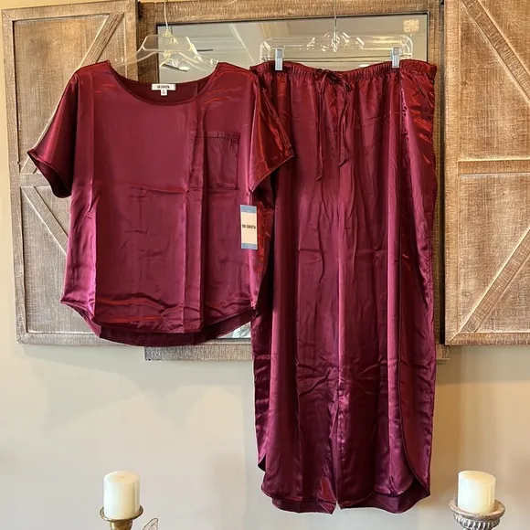 BB Dakota Pajamas Satin Silky Lounge Set Womens Elastic Wide Leg Pants Large