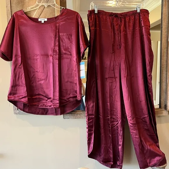 BB Dakota Pajamas Satin Silky Lounge Set Womens Elastic Wide Leg Pants Large