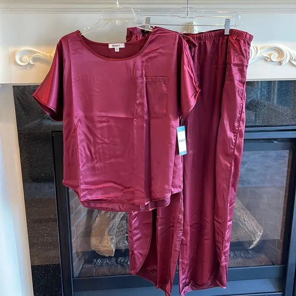 BB Dakota Pajamas Satin Silky Lounge Set Womens Elastic Wide Leg Pants Large