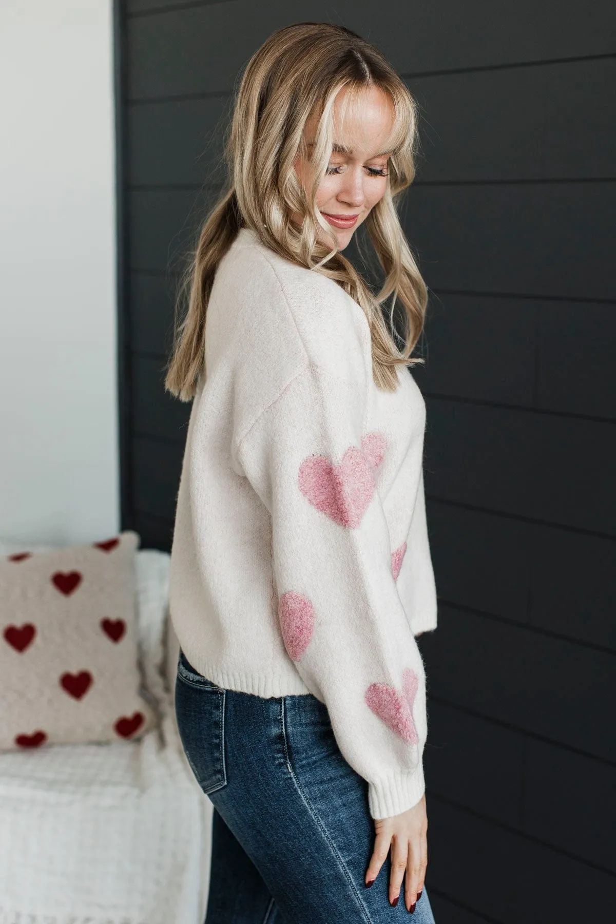 Be My World Heart Knit Sweater- Light Pink
