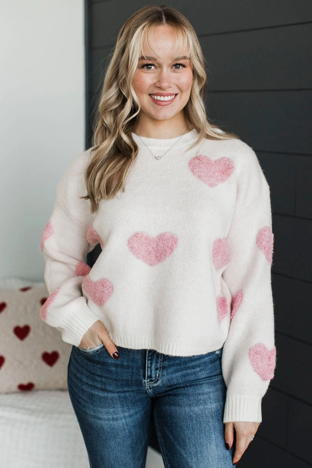Be My World Heart Knit Sweater- Light Pink