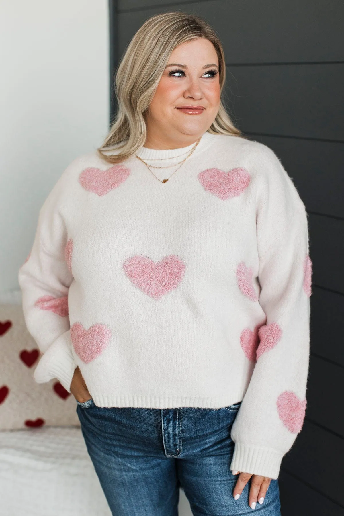 Be My World Heart Knit Sweater- Light Pink