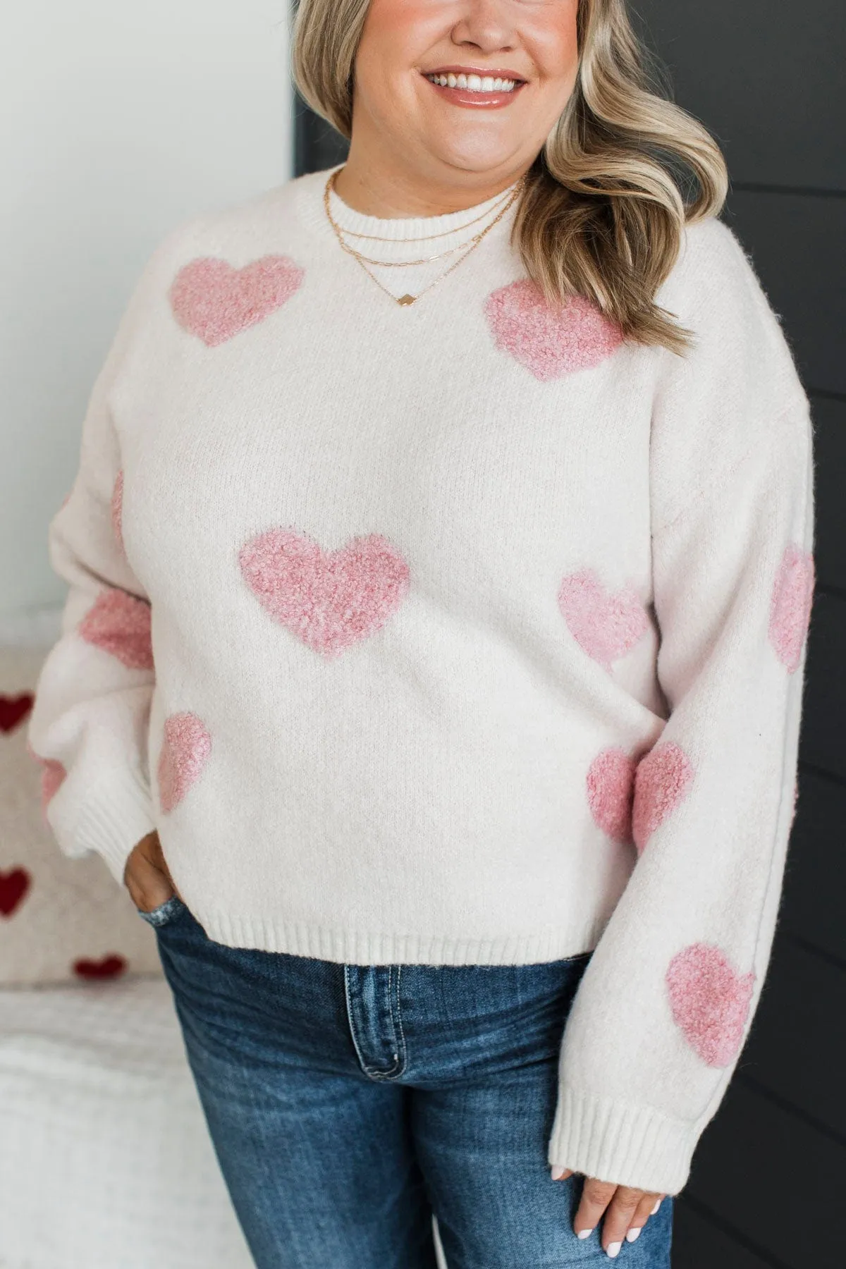 Be My World Heart Knit Sweater- Light Pink