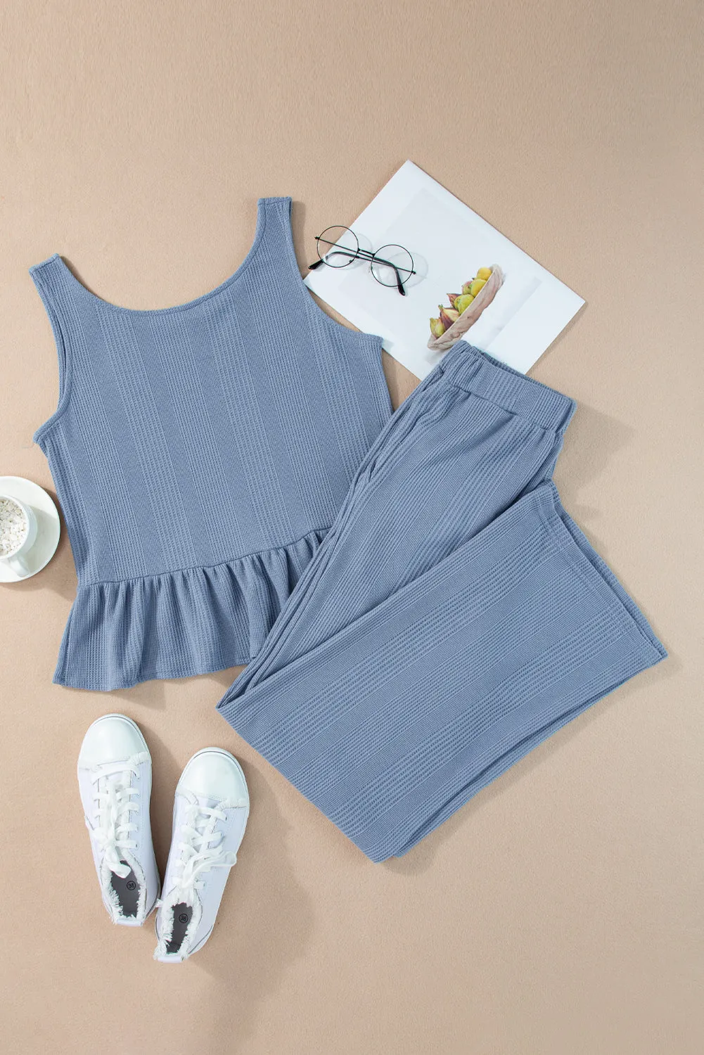 Beau Blue Solid Color Ribbed Ruffle Tank Top and Pants Set