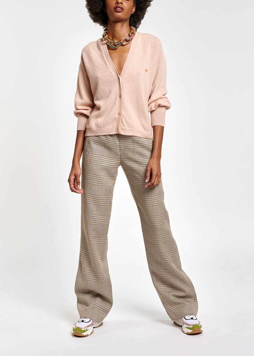 Beige checked wide-leg pants