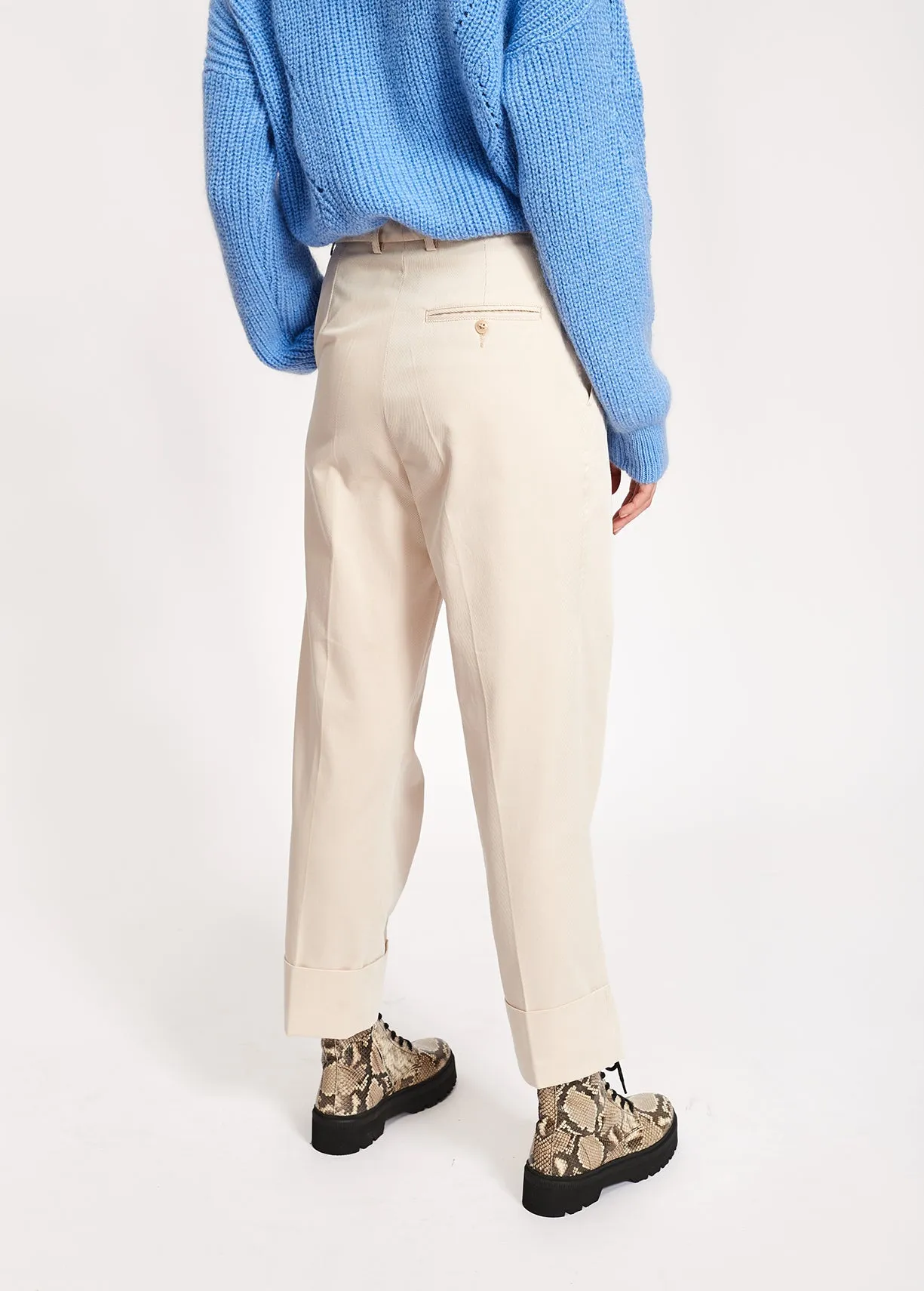 Beige cotton-blend straight-leg pants