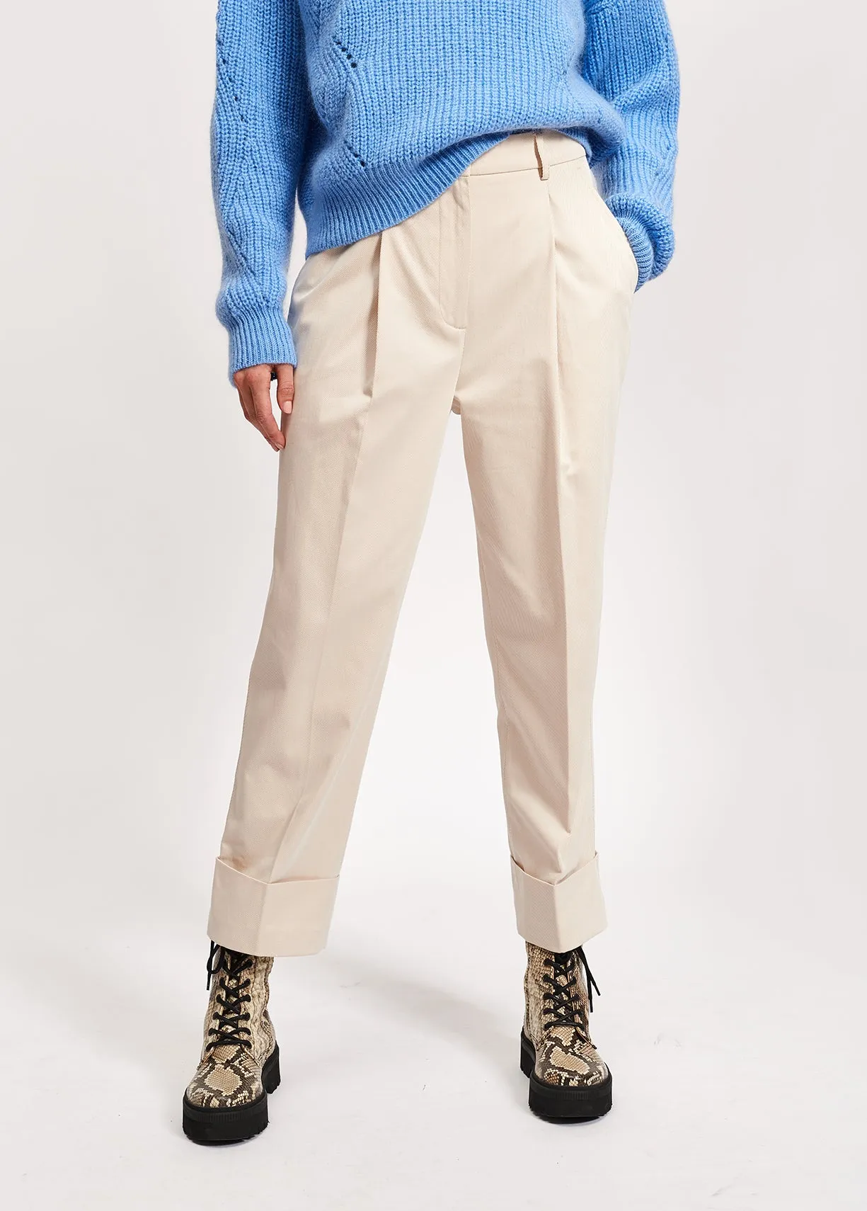 Beige cotton-blend straight-leg pants