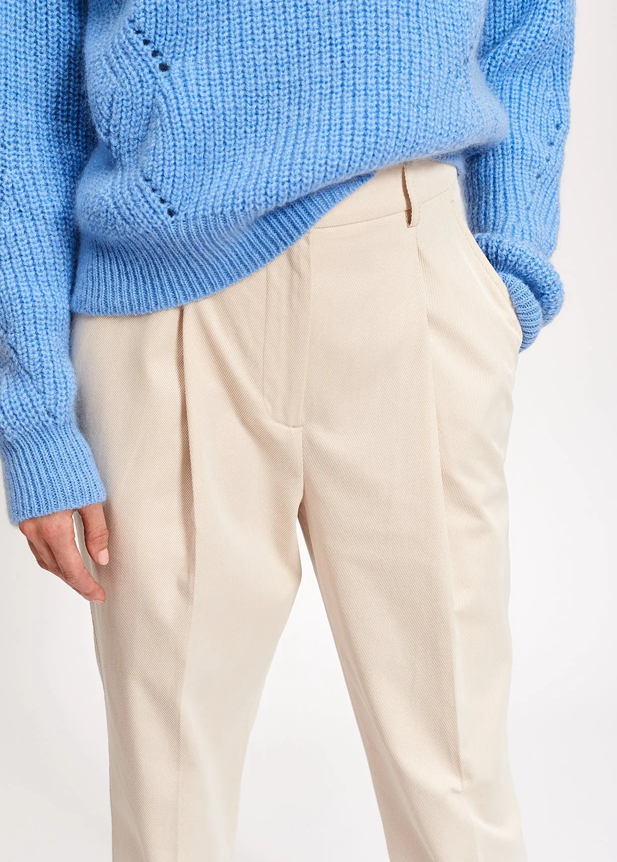 Beige cotton-blend straight-leg pants