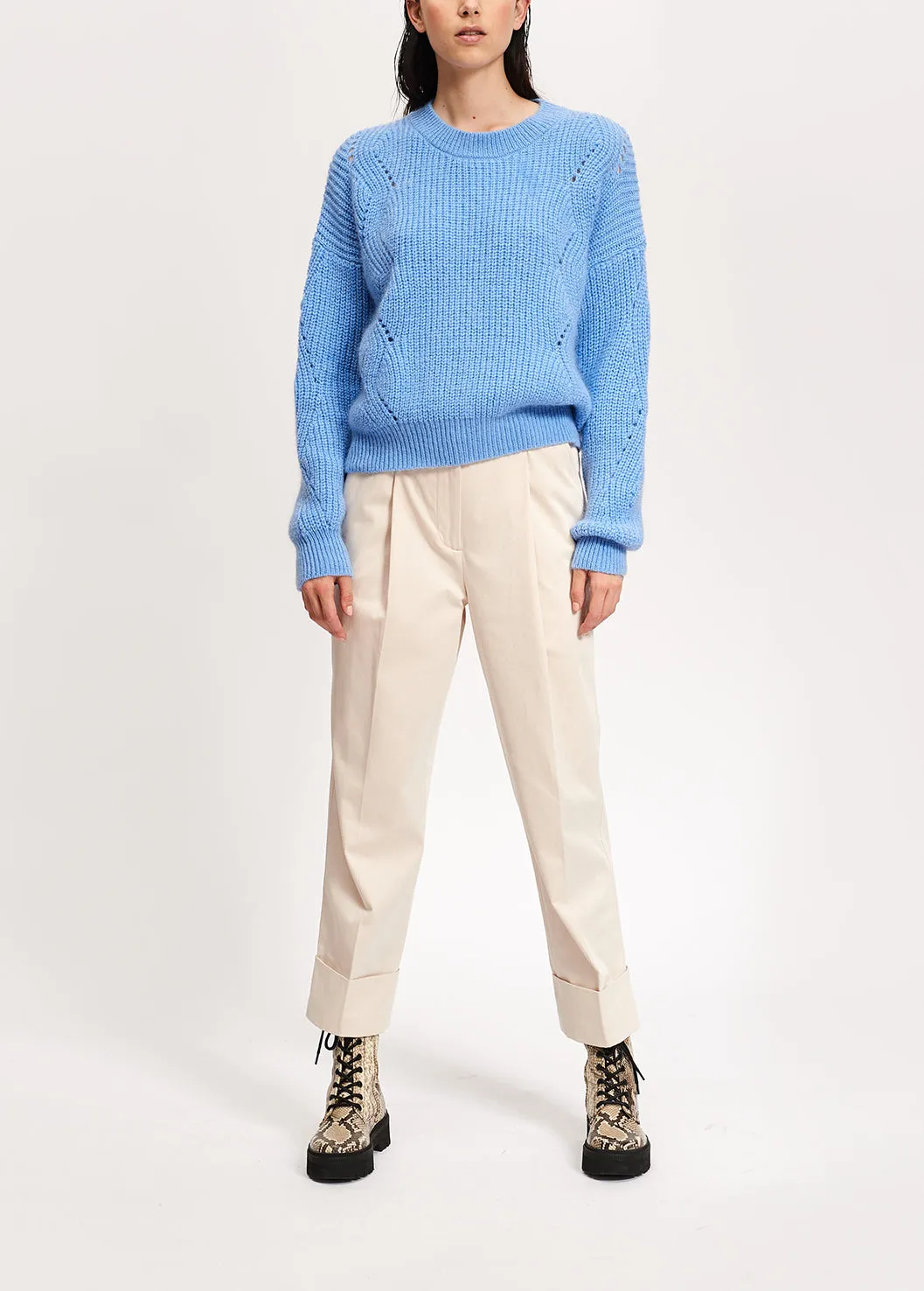 Beige cotton-blend straight-leg pants