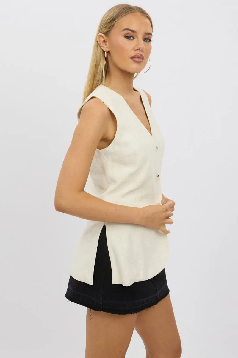 Beige Linen Vest Longline V Neck