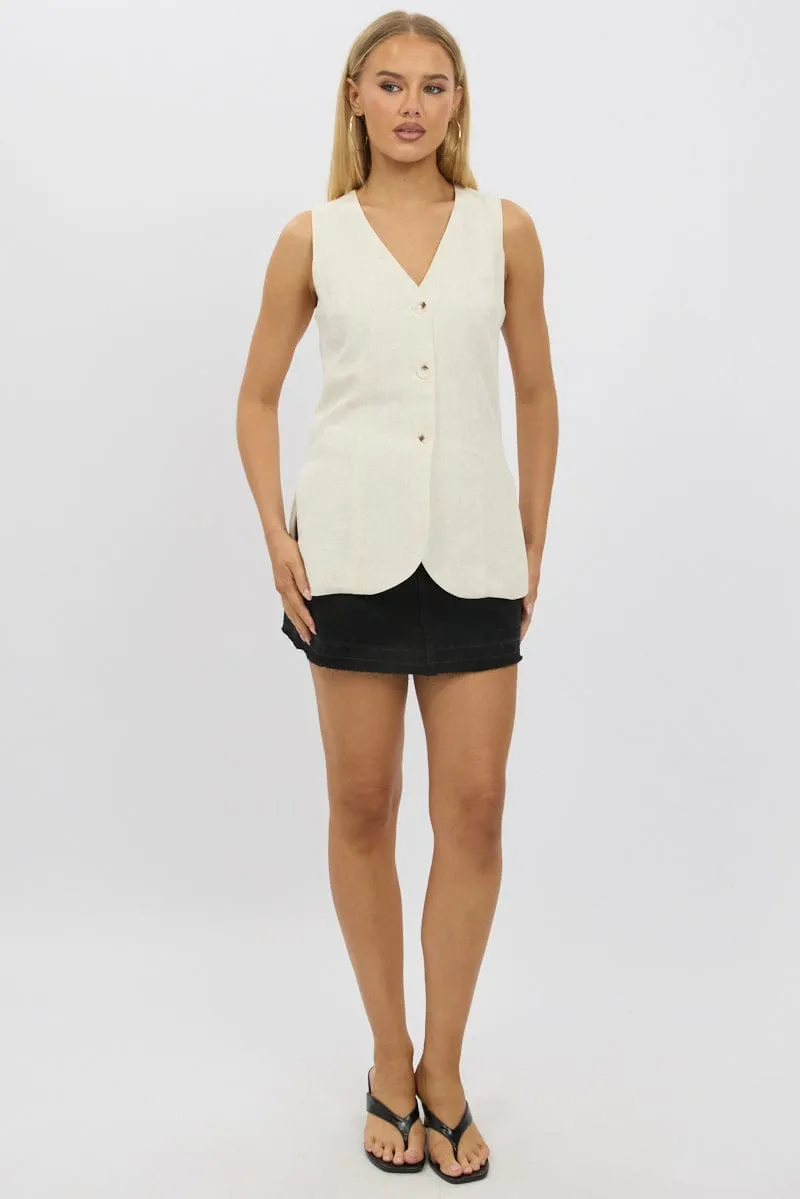 Beige Linen Vest Longline V Neck