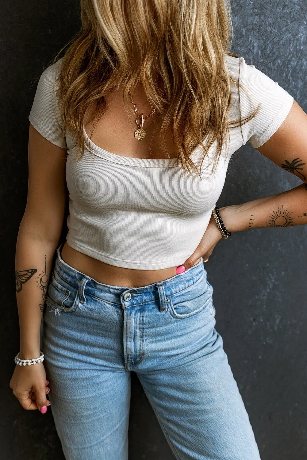 Beige Ribbed Knit U Neck Cropped Top
