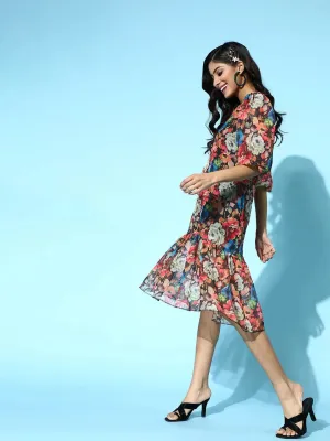 Black Floral Organza Balloon Sleeve Midi Dress